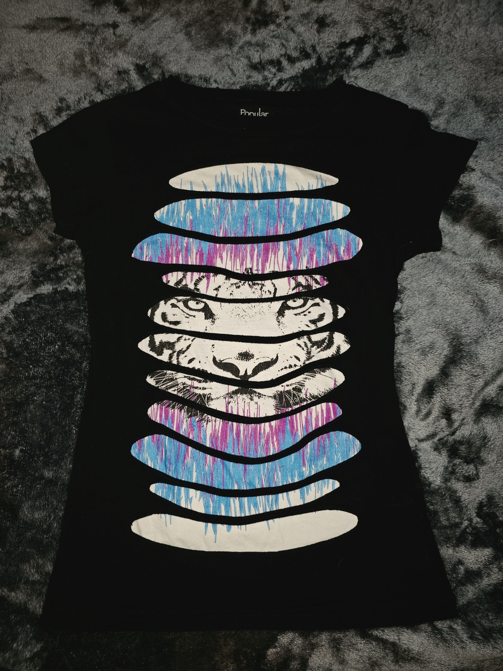 Black Tiger Shreaded Graphic T-Shirt with Blue and Purple Accents